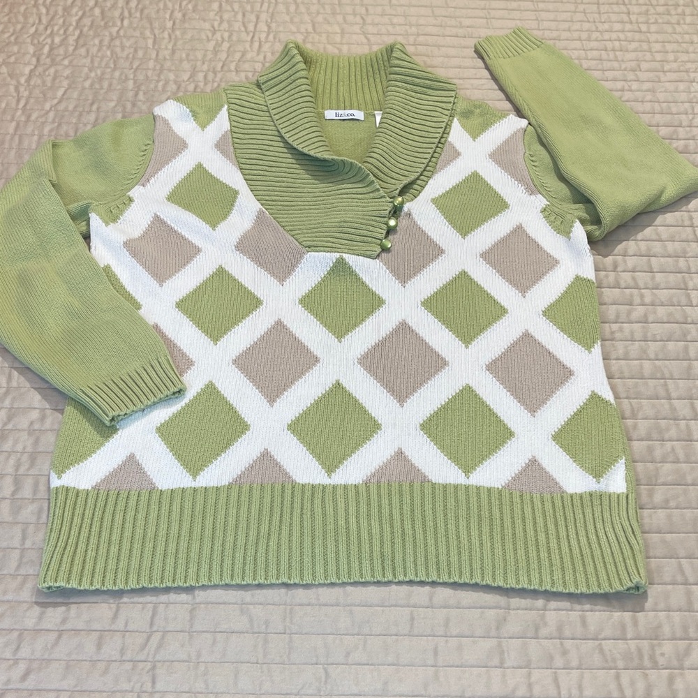 LIZ&CO WOMENS SIZE L Soft Green Argyle Knit Sweater with Shawl Collar